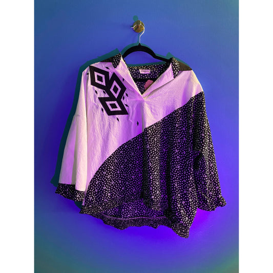 80's Black White Geometric Pullover Long Sleeve 1/4 Button Shirt Women's Large