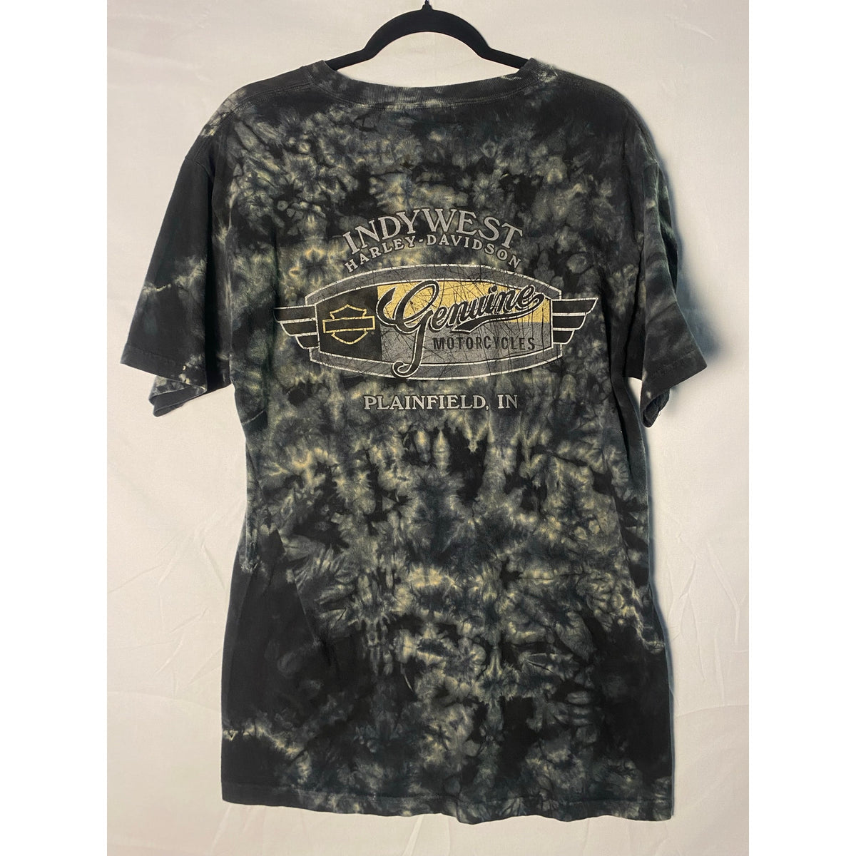 Harley Davidson IndyWest Plainfield, Indiana Black Tie Dye Graphic Shirt Medium?