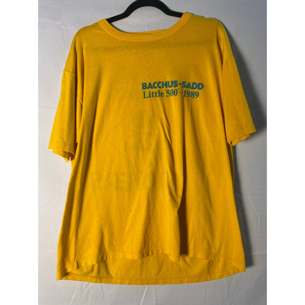 Vintage 1989 Russell Athletic Bacchus Sadd Little 500 Yellow Graphic Shirt Sz XL