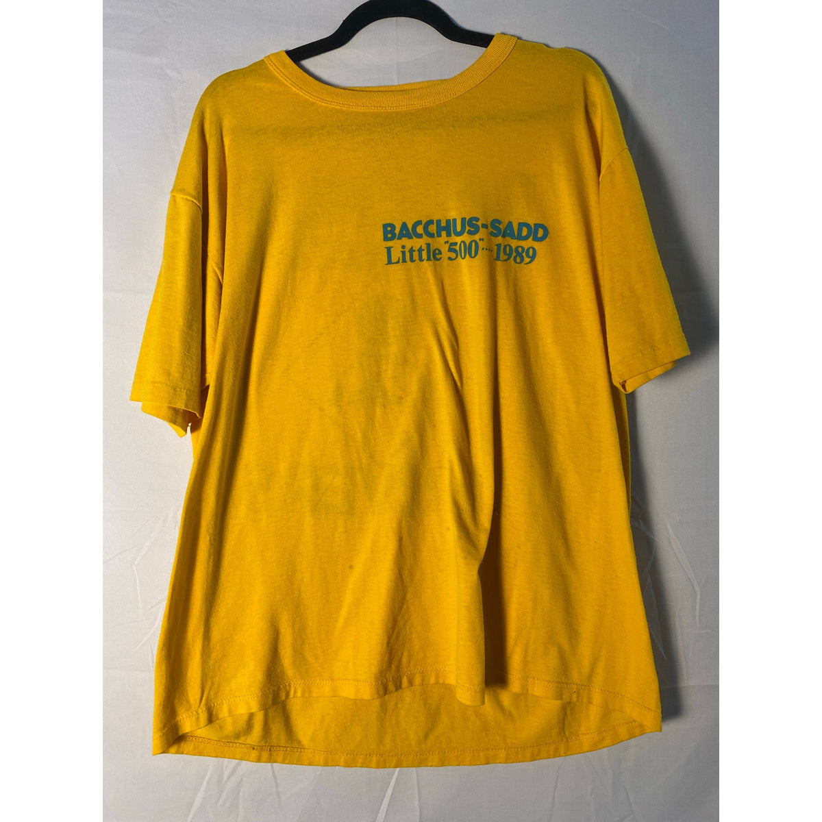 Vintage 1989 Russell Athletic Bacchus Sadd Little 500 Yellow Graphic Shirt Sz XL