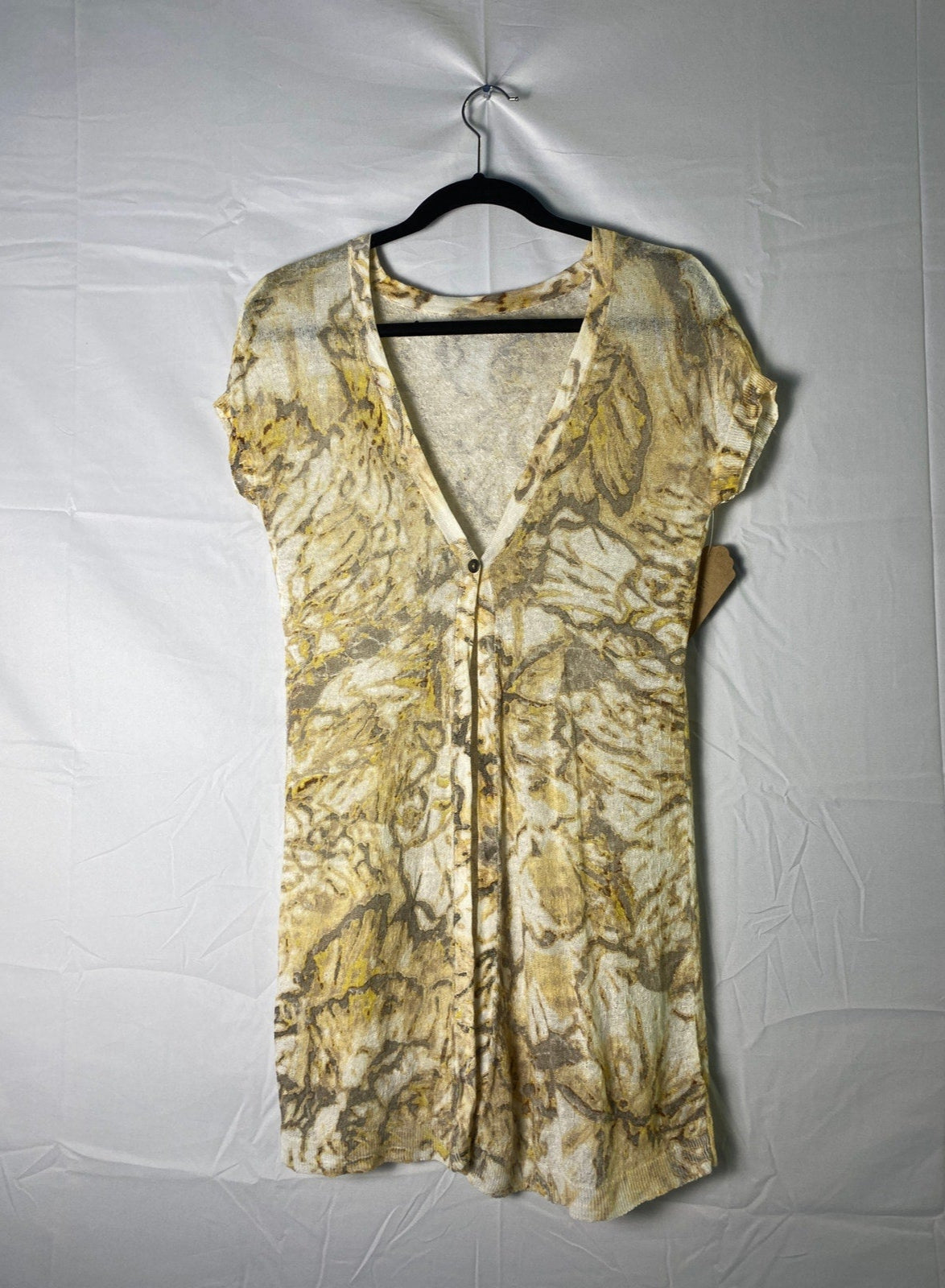 Beige Cream Gray Allover Print Lightweight Short Sleeve Button Up Cardigan Small