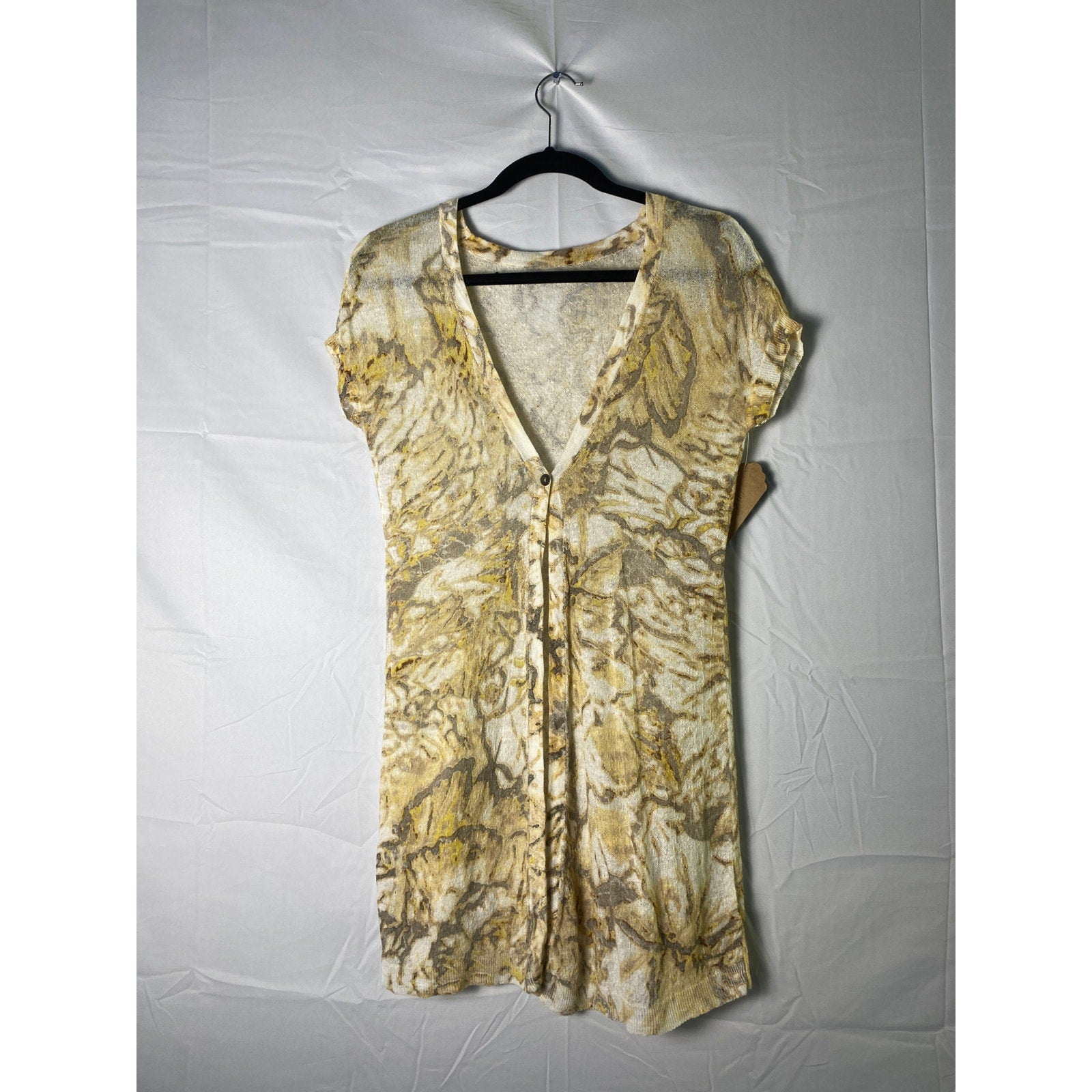 Beige Cream Gray Allover Print Lightweight Short Sleeve Button Up Cardigan Small