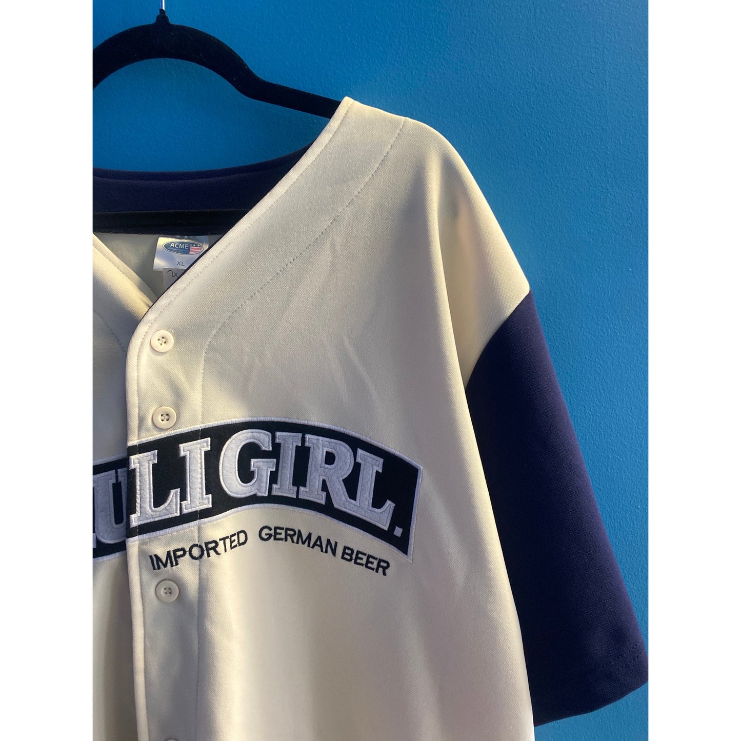 ACME St. Pauli Girl German Beer Men's Baseball Jersey White Blue Size XL