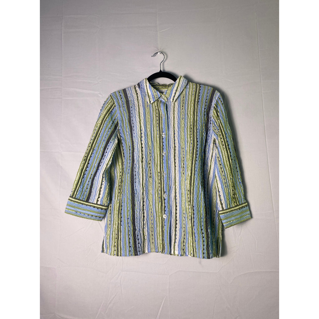Breckenridge Green & Blue Striped Button Up 3/4 Sleeve Blouse Women's Size Large