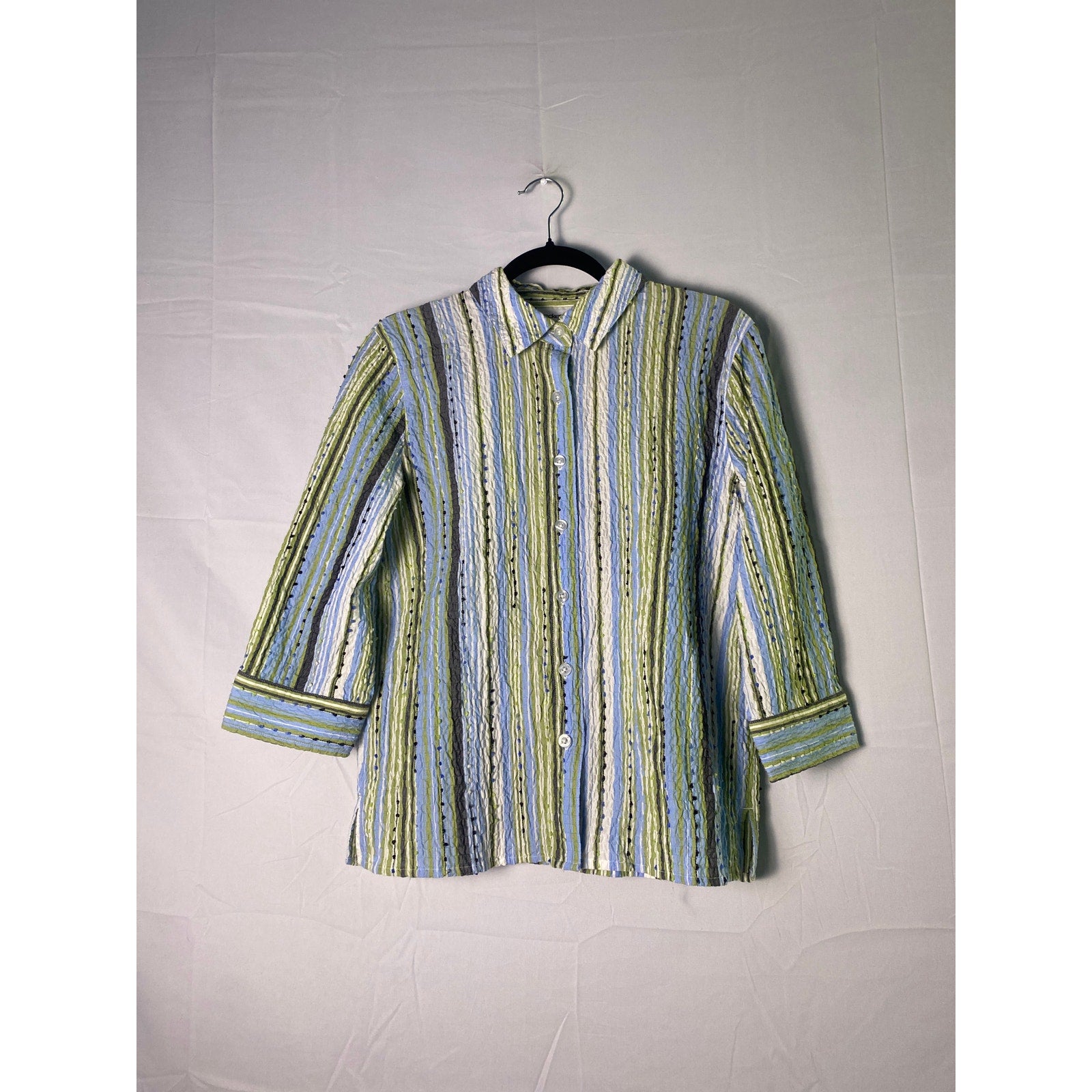 Breckenridge Green & Blue Striped Button Up 3/4 Sleeve Blouse Women's Size Large
