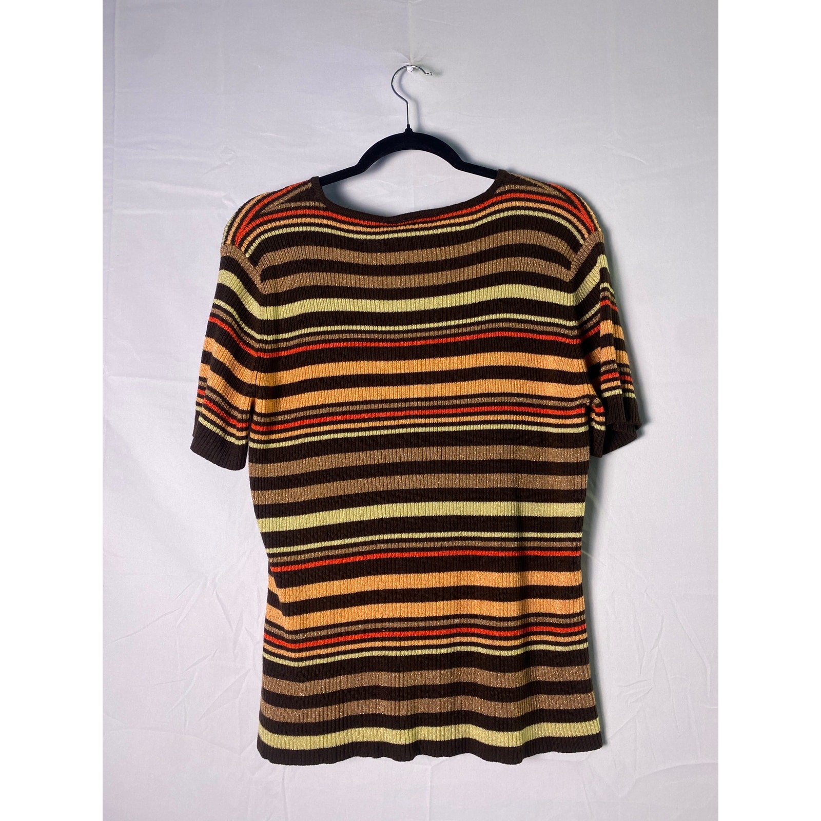 Vintage Sag Harbor Brown Orange Metallic Stripe Short Sleeve Sweater Women's XL