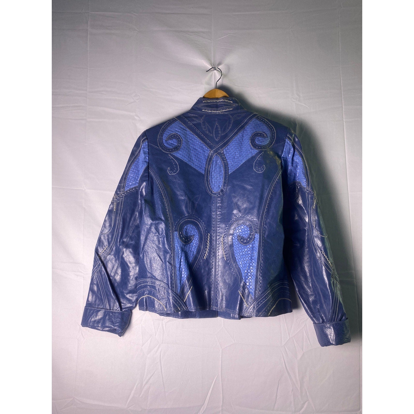 Vintage 90s Pamela McCoy Blue Laser Cut Leather Jacket Women's Size Medium