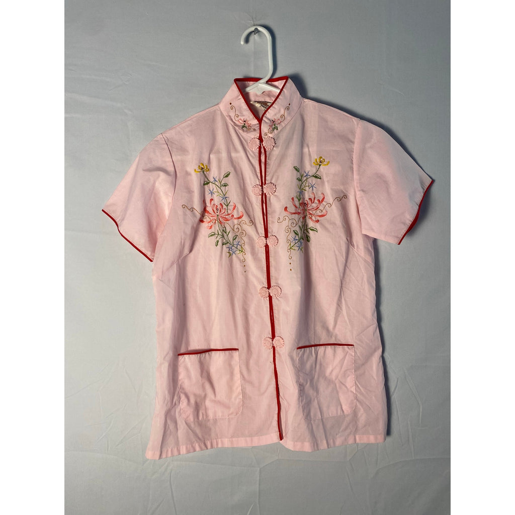Vintage 60s Plum Blossoms Pink Cheongsam Top Floral Embroidery Women's M-XL?