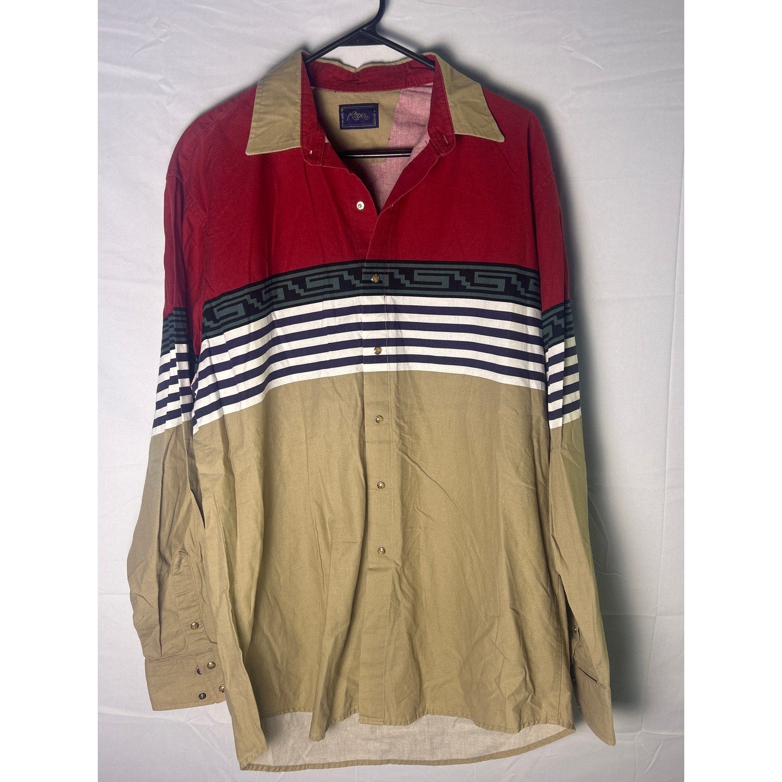 Roper Button Up Western Shirt Pearl Snap Long Sleeve Red Cream Cowboy Rodeo XL