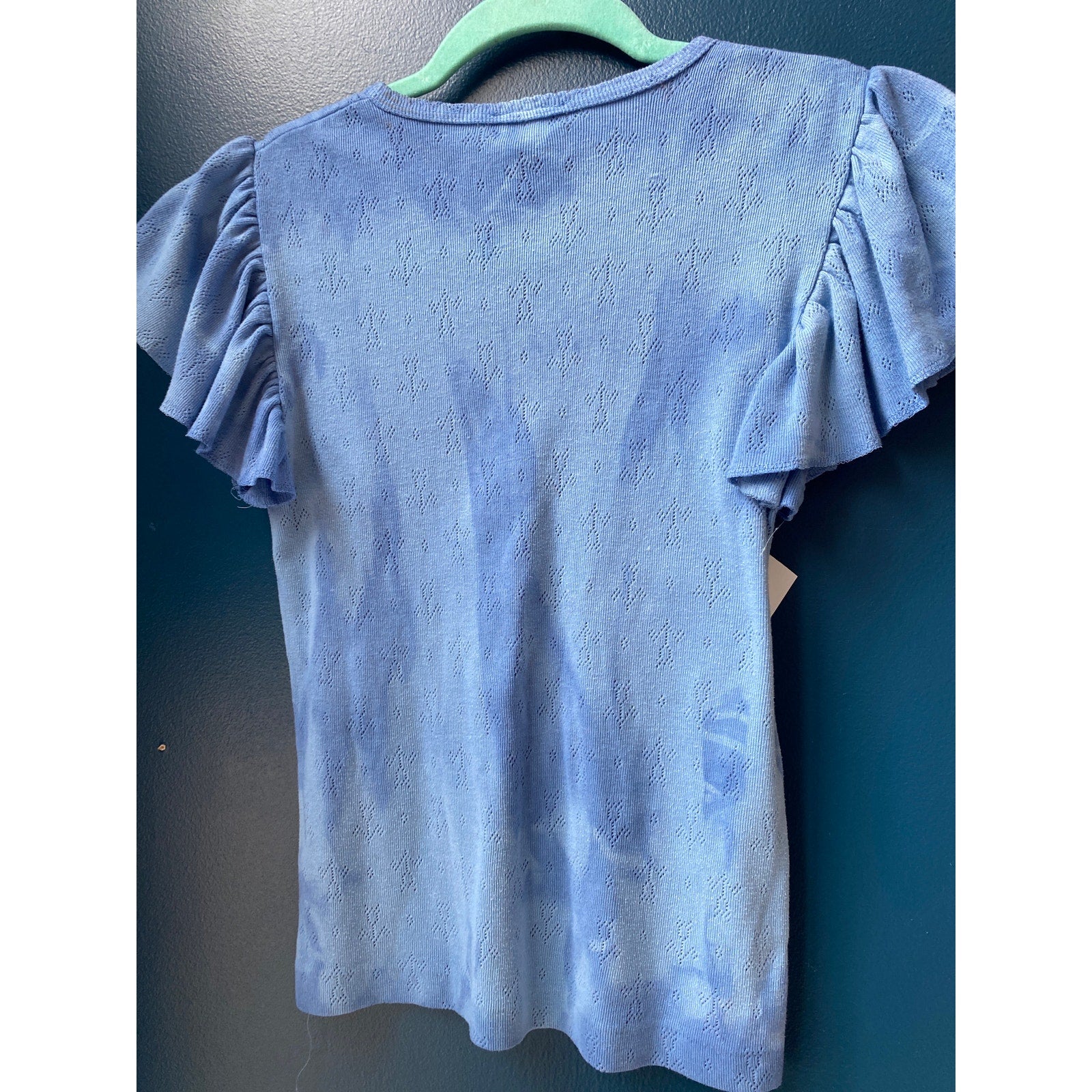 Vintage 80s Hand-Dyed Pointelle Blue V-neck Knit Top Ruffled Short Sleeve Small