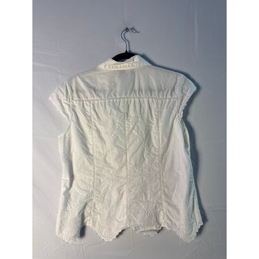 DressBarn White Floral Lace Textured Button Up Blouse Cap Sleeve Women's Large