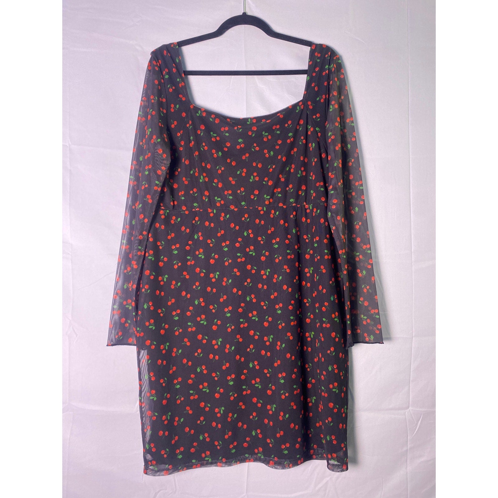 ASOS DESIGN Curve Mesh Ruched Mini Dress w/ Long Sleeves Black Cherry Print 14
