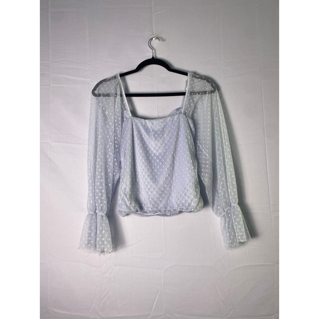 Madi Mase Cropped Long Sleeve White Polka Dot Blue Blouse Women’s Size Medium