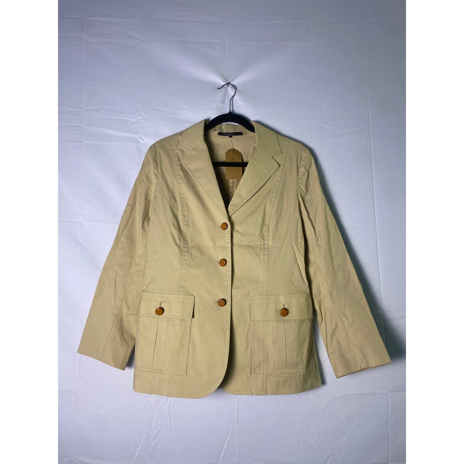 Theory Beige Khaki Three Buttons Blazer Jacket w/ Pockets Women's Size Large
