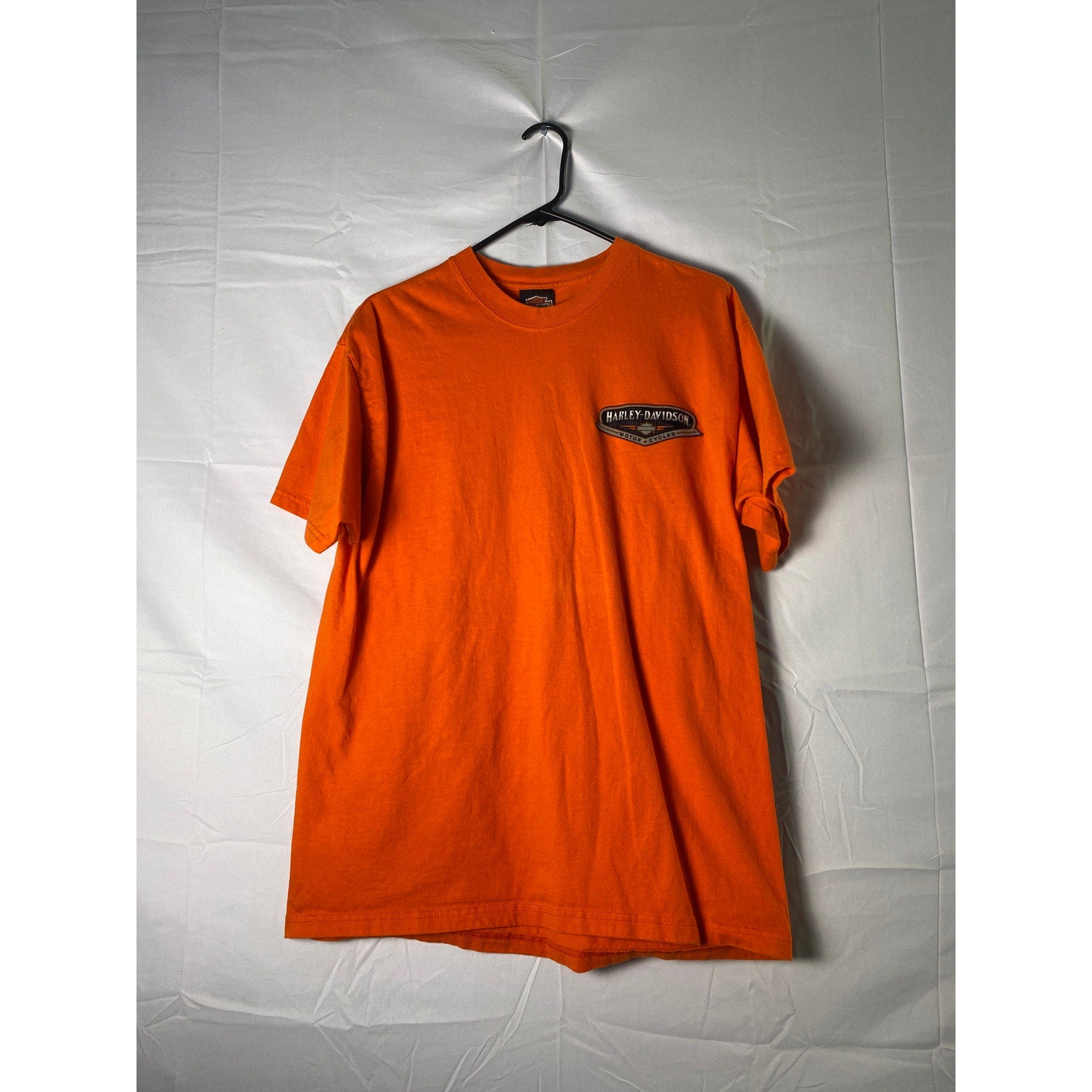 Harley Davidson Motorcycles GOVER Piqua, Ohio Print Orange Shirt Men's Large