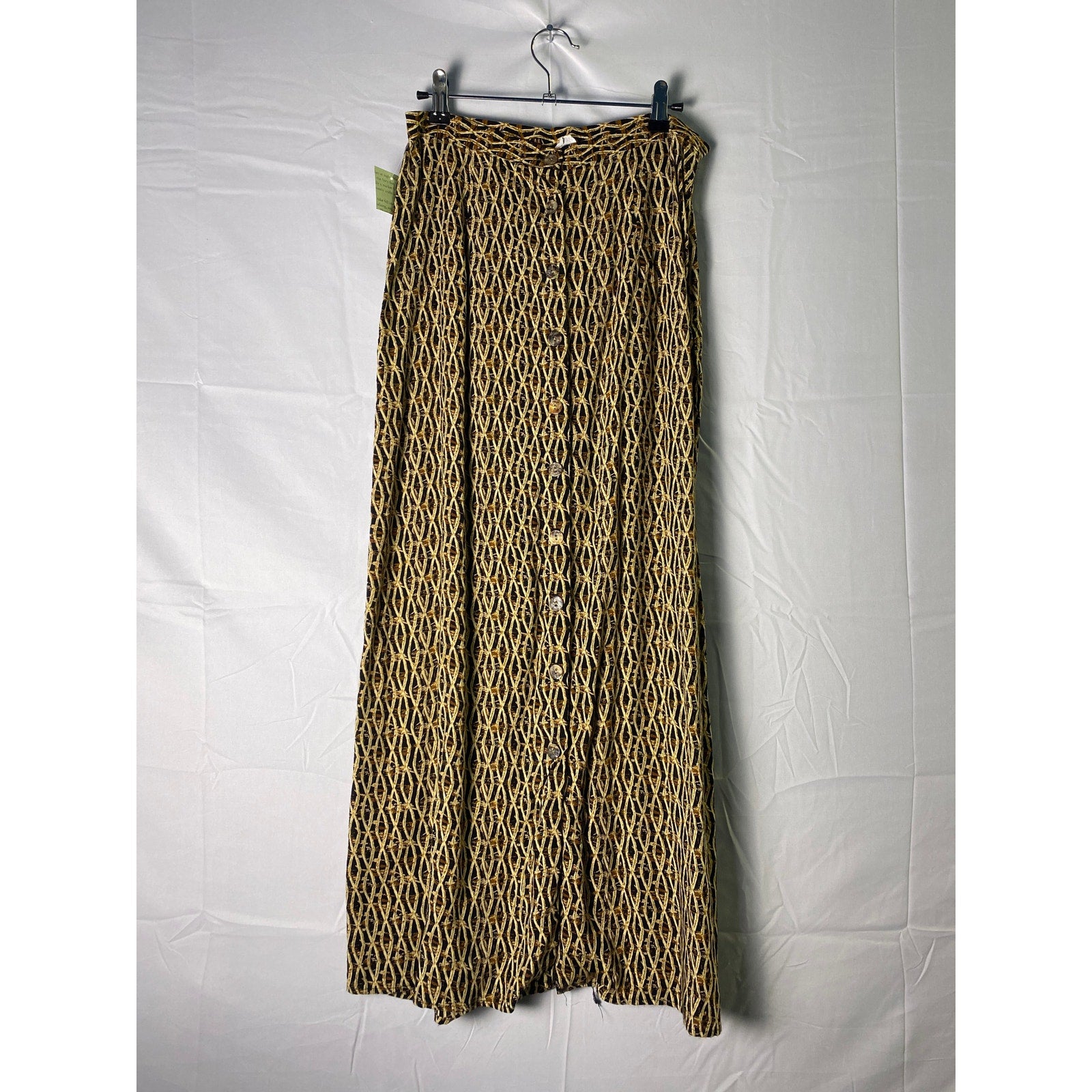 Vintage 1980s-1990s Funky Black Beige Print Button Front A-Line Maxi Skirt  9/10
