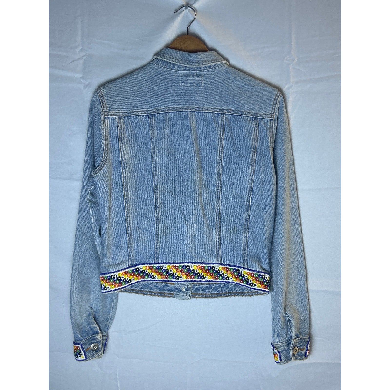 Cache Button Up Colorful Beaded Trim Denim Jean Jacket Women's Size Medium