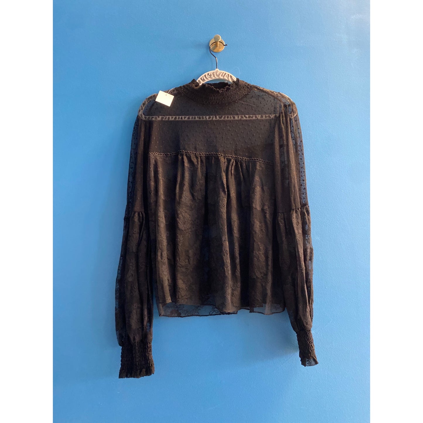 Forever 21 Black Lace Long Sleeve Textured Shirt Smocked Neck Women's Plus 3X