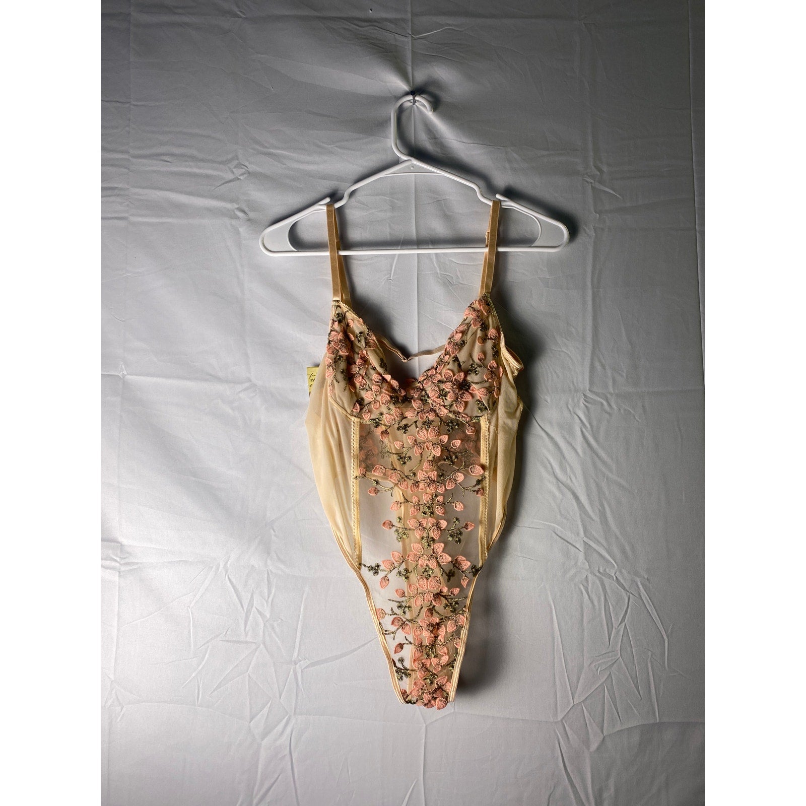 Pink Mesh Floral Appliqué w/ Metallic Embroidery Lingerie Bodysuit Teddy Size XL