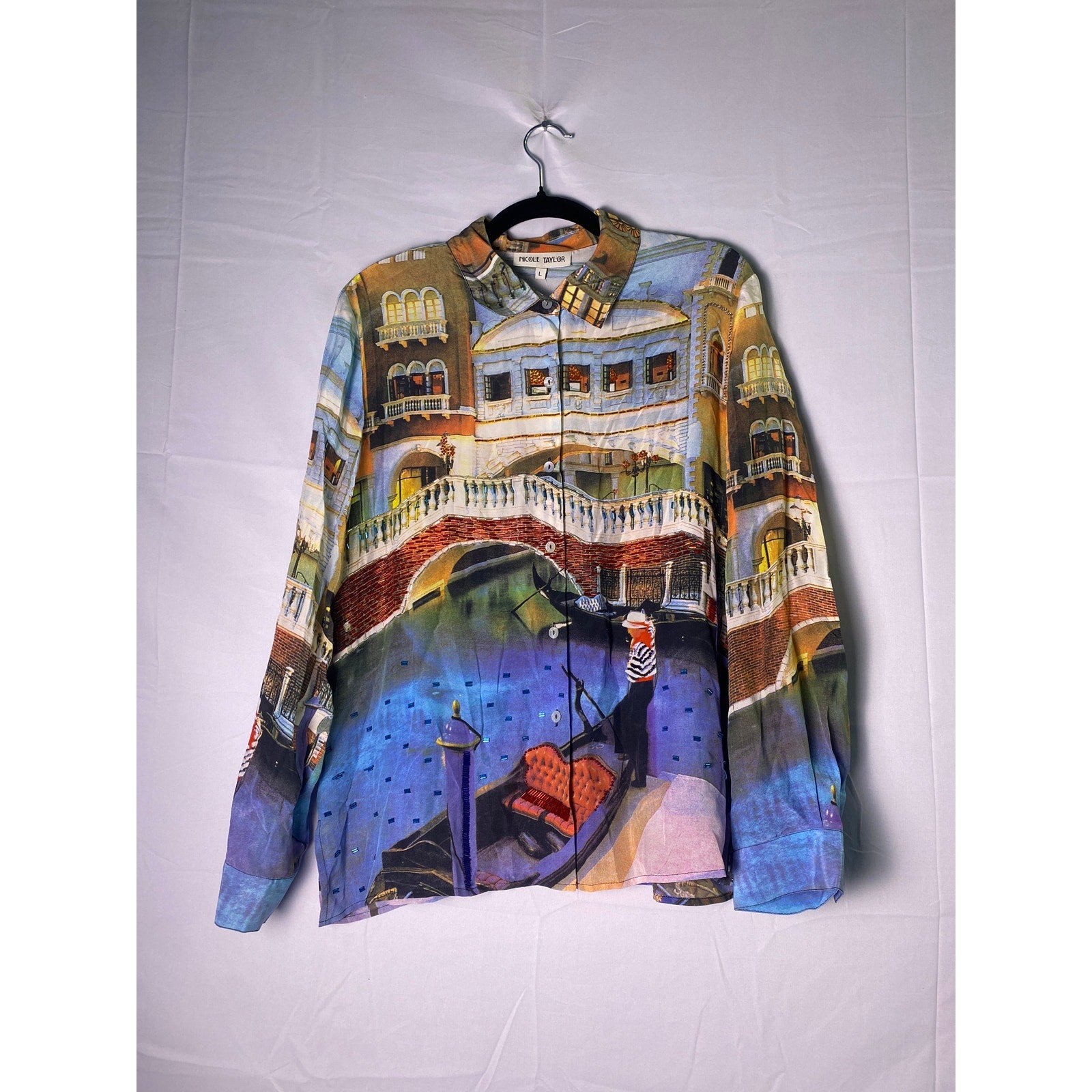 Vintage Nicole Taylor 100% Silk Venice Scene Beaded Button Up Shirt Women Large