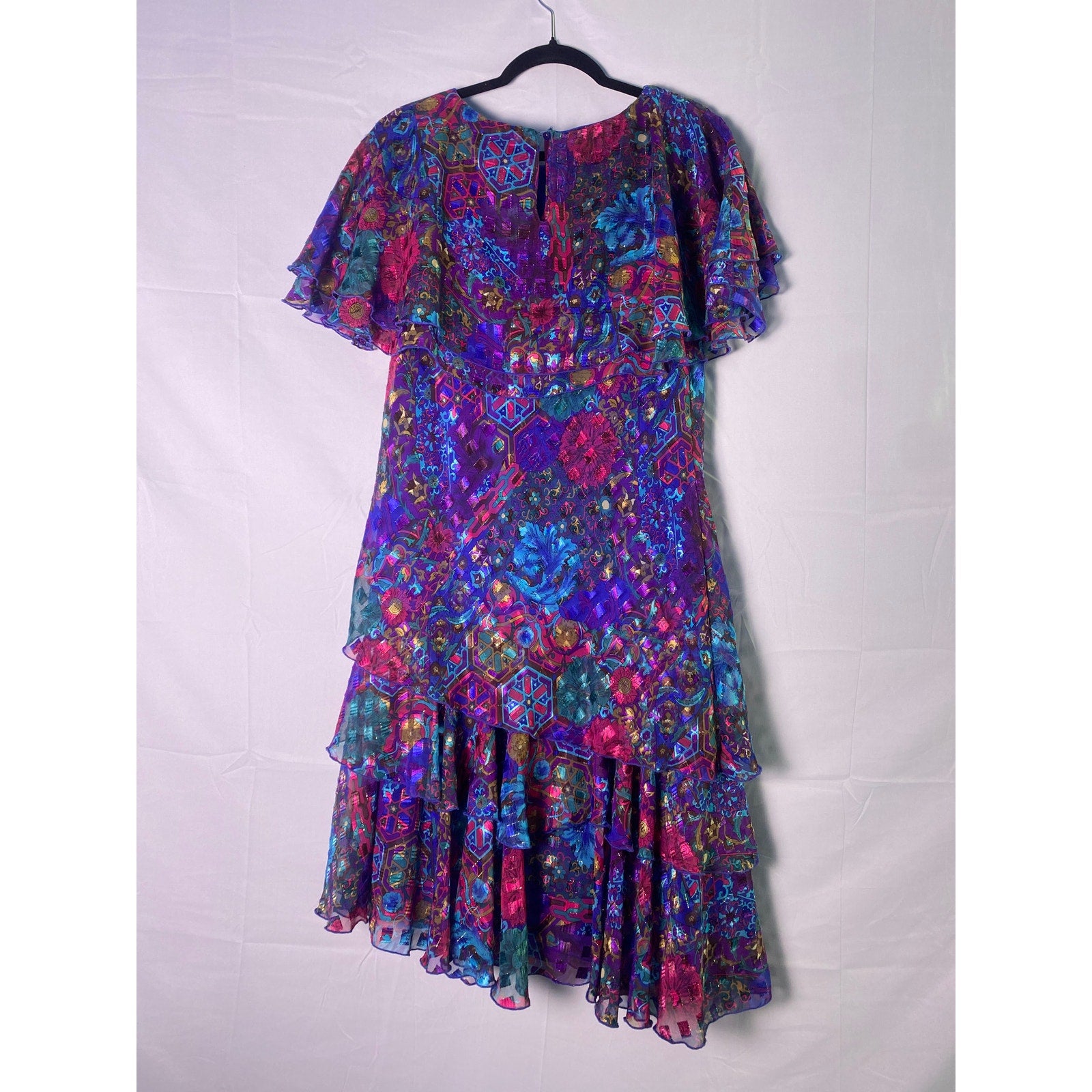 Vintage 80's Patra Floral Geometric Multicolor Ruffle Dress Boho Women's M/L