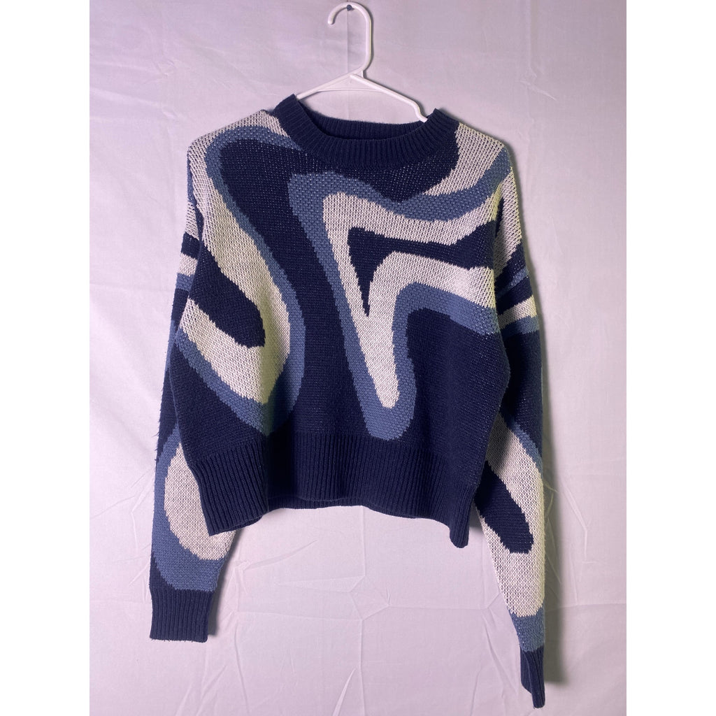 Full Tilt Gray Blue Modern Swirl Design Crew Neck Sweater Women's Small Pullover