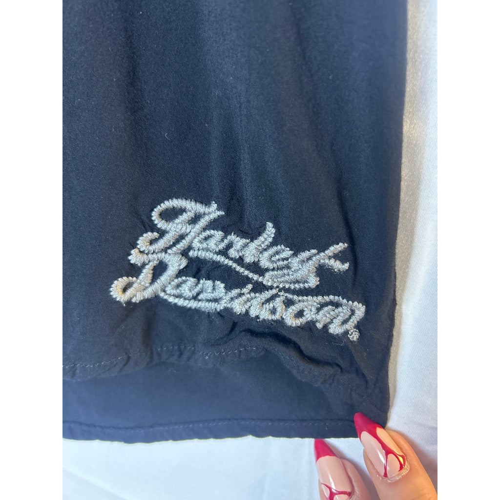 Harley Davidson 3/4 Puff Sleeve Shirt Quarter Buttons Black Gray Women's Small