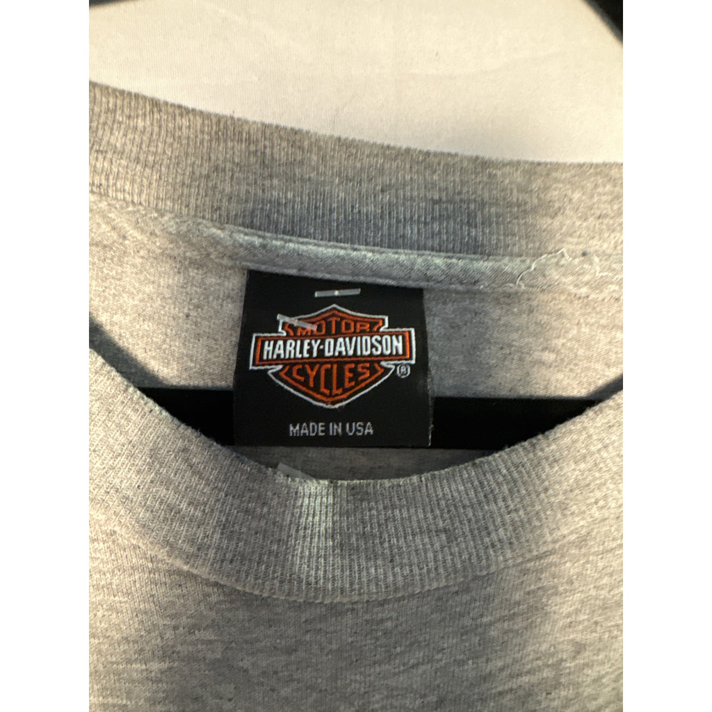 &nbsp;Vintage Harley Davidson Thiel's Wheels Upper Sandusky, OH Gray Shirt Mens Large