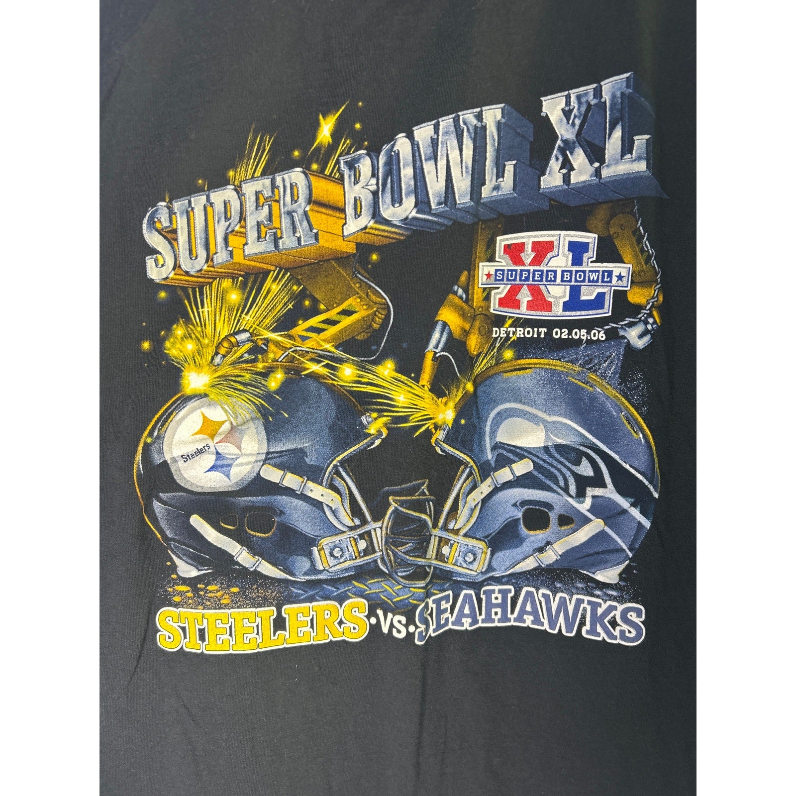 2006 Super Bowl Steelers vs Seahawks Graphic Print Black T-Shirt Men's Size 2XL