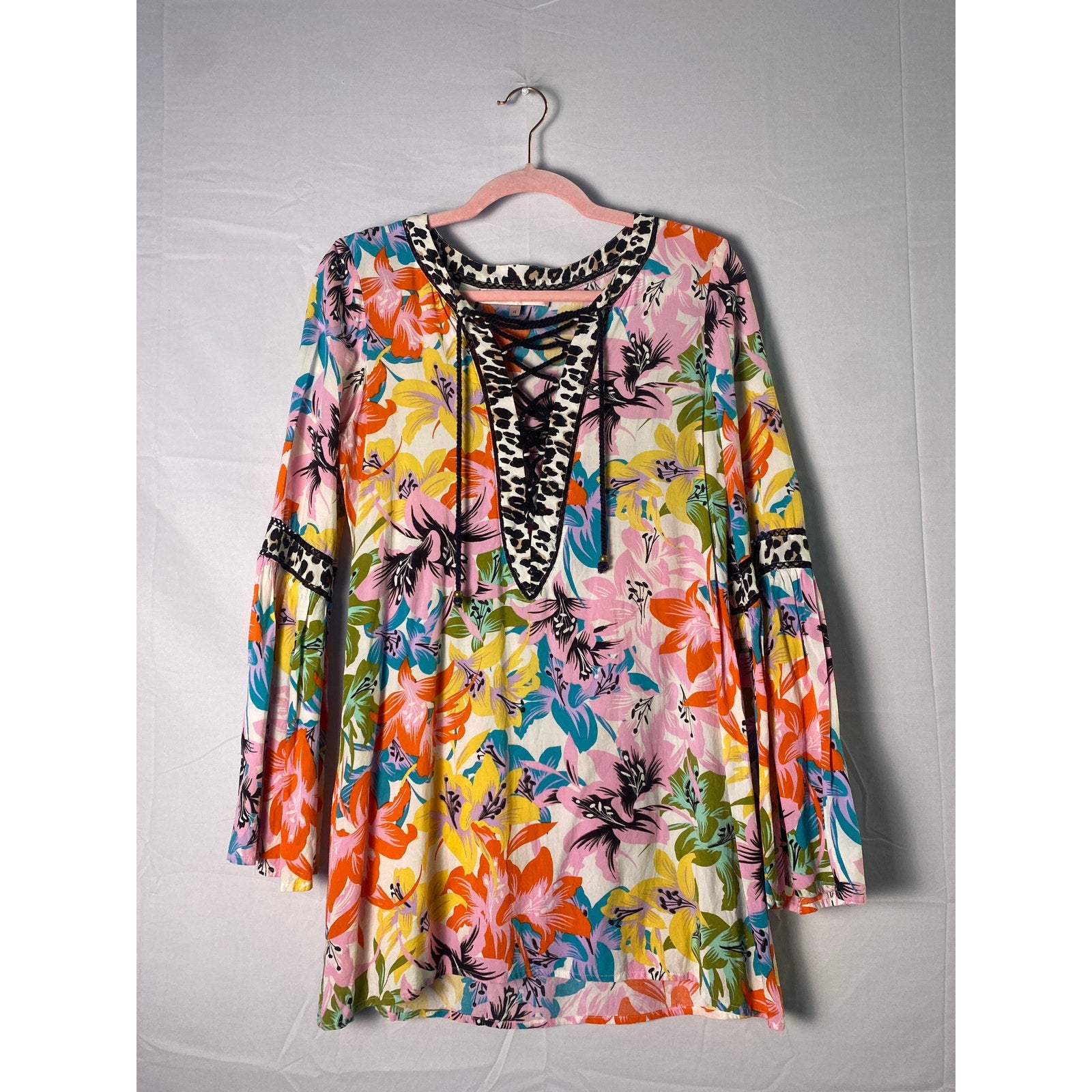Nanette Lepore Copa Cubana Leopard Floral Lace-Up Bell-Sleeve Cover-Up Tunic XS