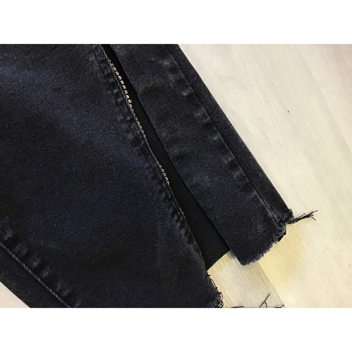 Ashley Stewart Black Flare Jeans Rhinestone Trim Split Left Hem Womens Size 26