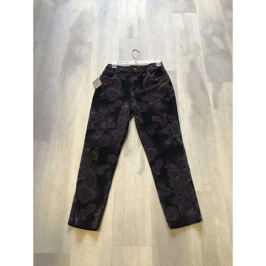 Bill Blass Vintage 90s Straight Leg Floral Black Gray Corduroy Pants Women's 6P