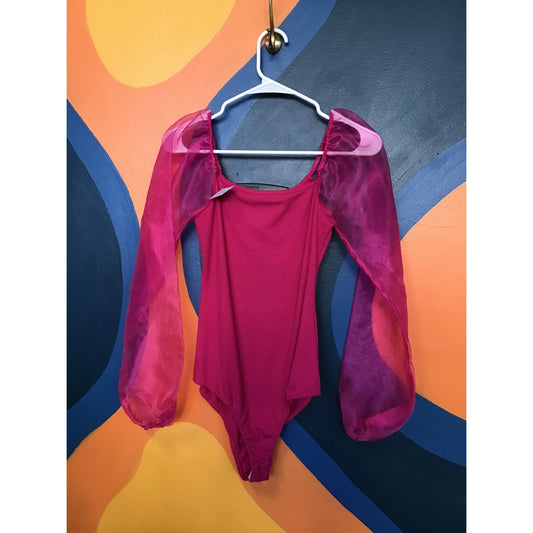 Altar'd State Fuchsia Pink Sheer Long Sleeve Ribbed Body Suit Puff Sleeve Small