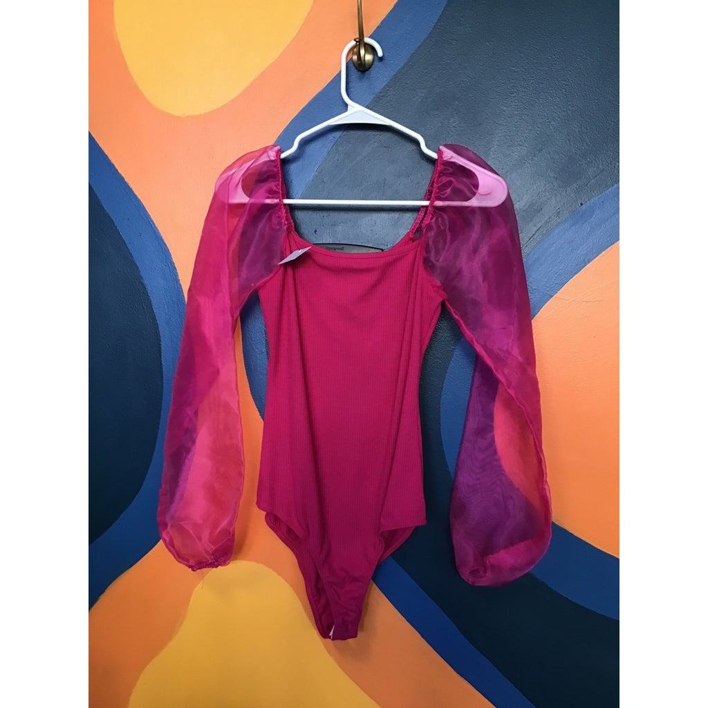 Altar'd State Fuchsia Pink Sheer Long Sleeve Ribbed Body Suit Puff Sleeve Small