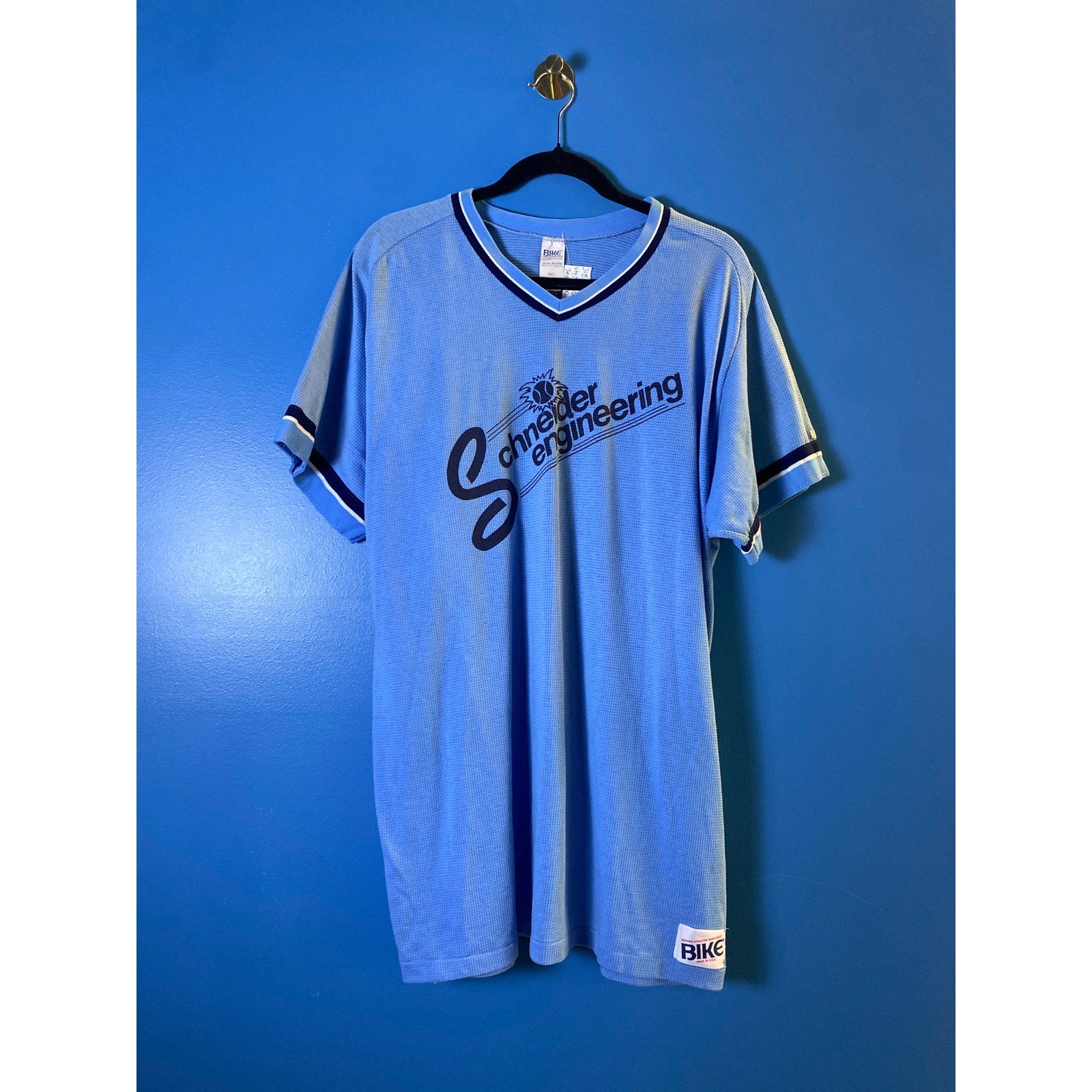 Vintage 80's BIKE Schneider Engineering Black Blue V-neck Jersey Shirt Size XXL