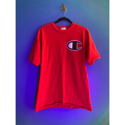 Y2K Champion Crew Neck Logo Print Short Sleeve Red Shirt Men's Size Large