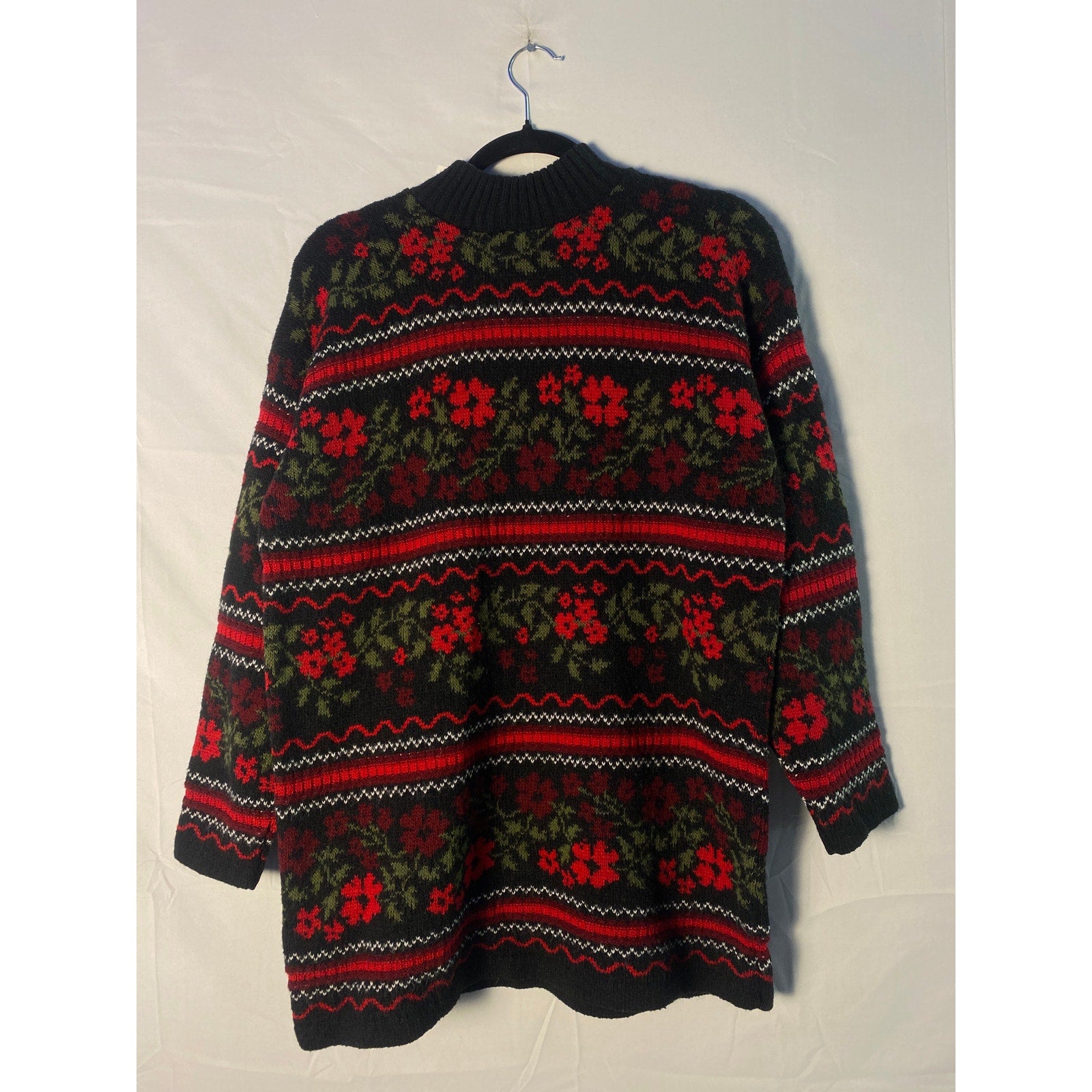 Vintage 90s BASIC EDITIONS Red Black Floral Mock Neck Chunky Knit Sweater Large