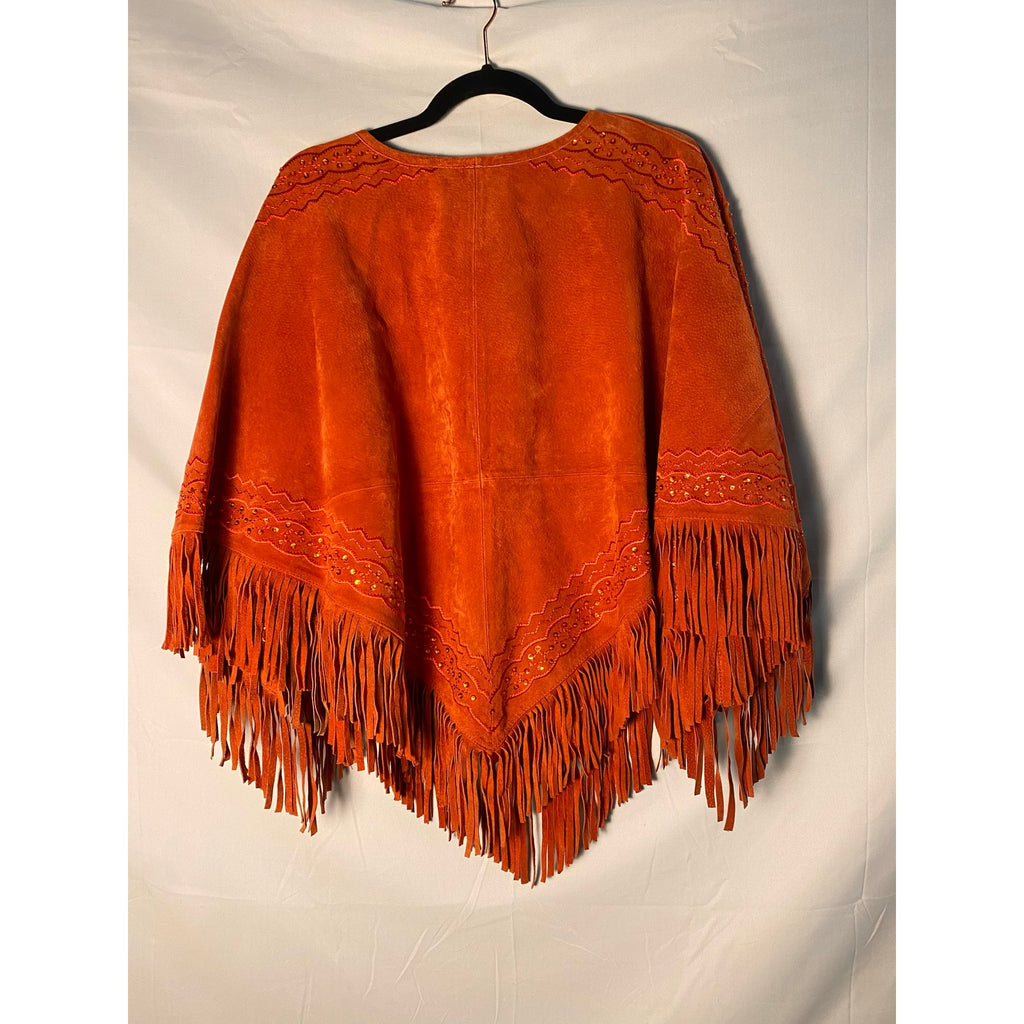 Vintage 1990s Newport News Orange Beaded Poncho w/Suede Fringe