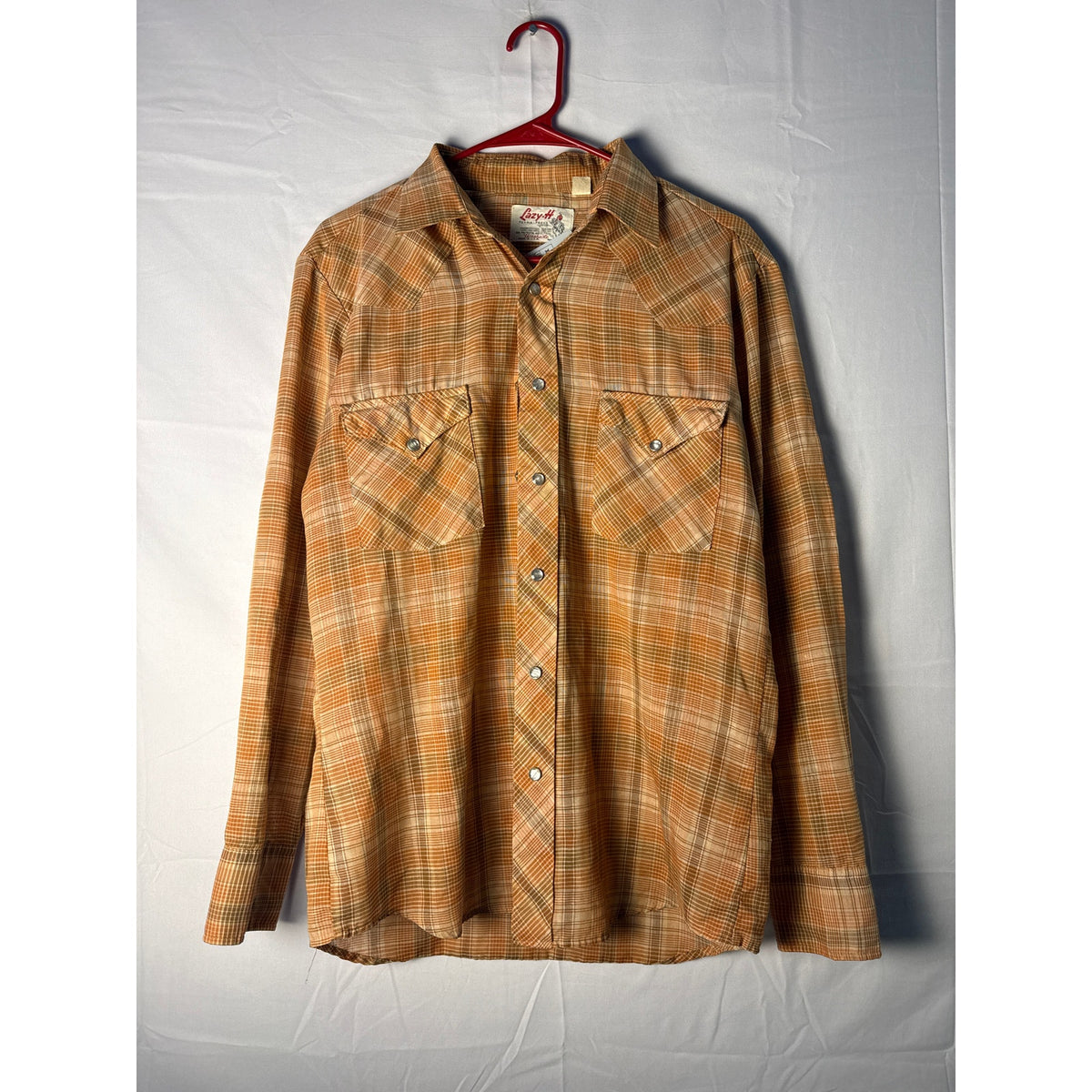 Vintage Lazy H Mustard Plaid Flannel Western Button Snap Shirt Long Sleeve MED