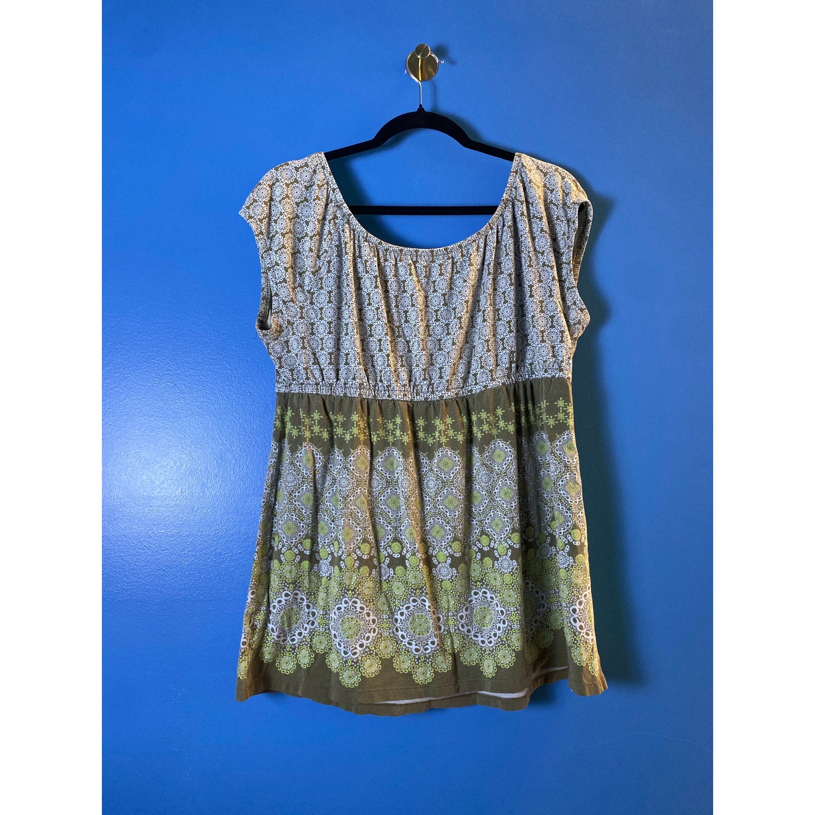 Y2K Sonoma Green Floral Peasant Babydoll Top Cap Sleeve Womens Size Large Petite