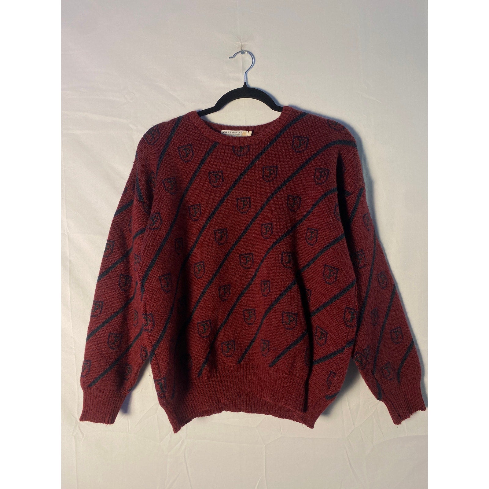 Vintage James Pringle Red Black Striped Logo Pure Wool Sweater Crewneck Pullover Medium