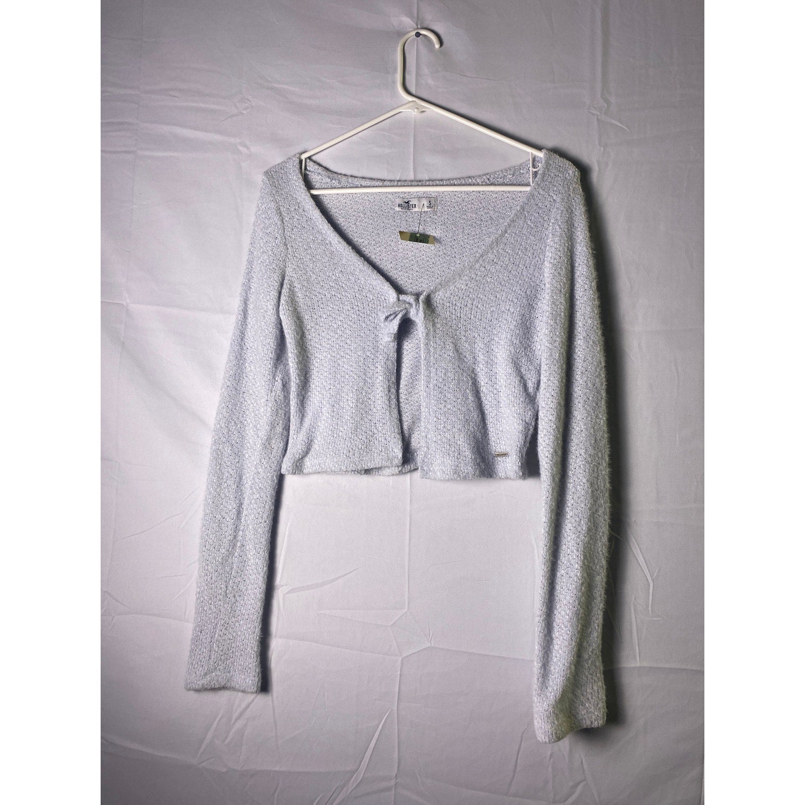 Hollister Baby Blue Fuzzy Knit Cropped Cardigan Long Sleeve Women's Size Small