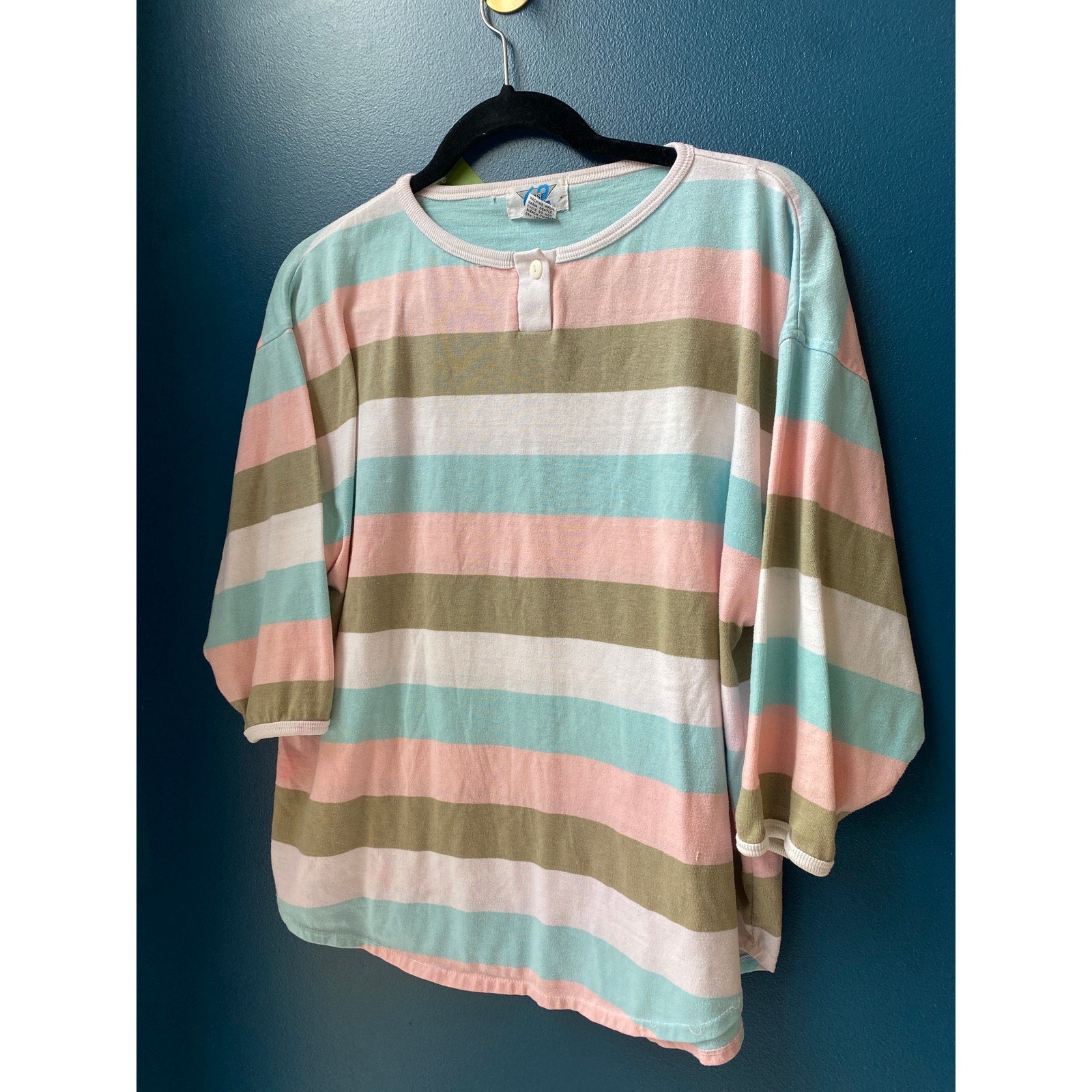 Vintage 80s 62 East Pastel Striped Dolman Henley Top Long Sleeve Women's Medium