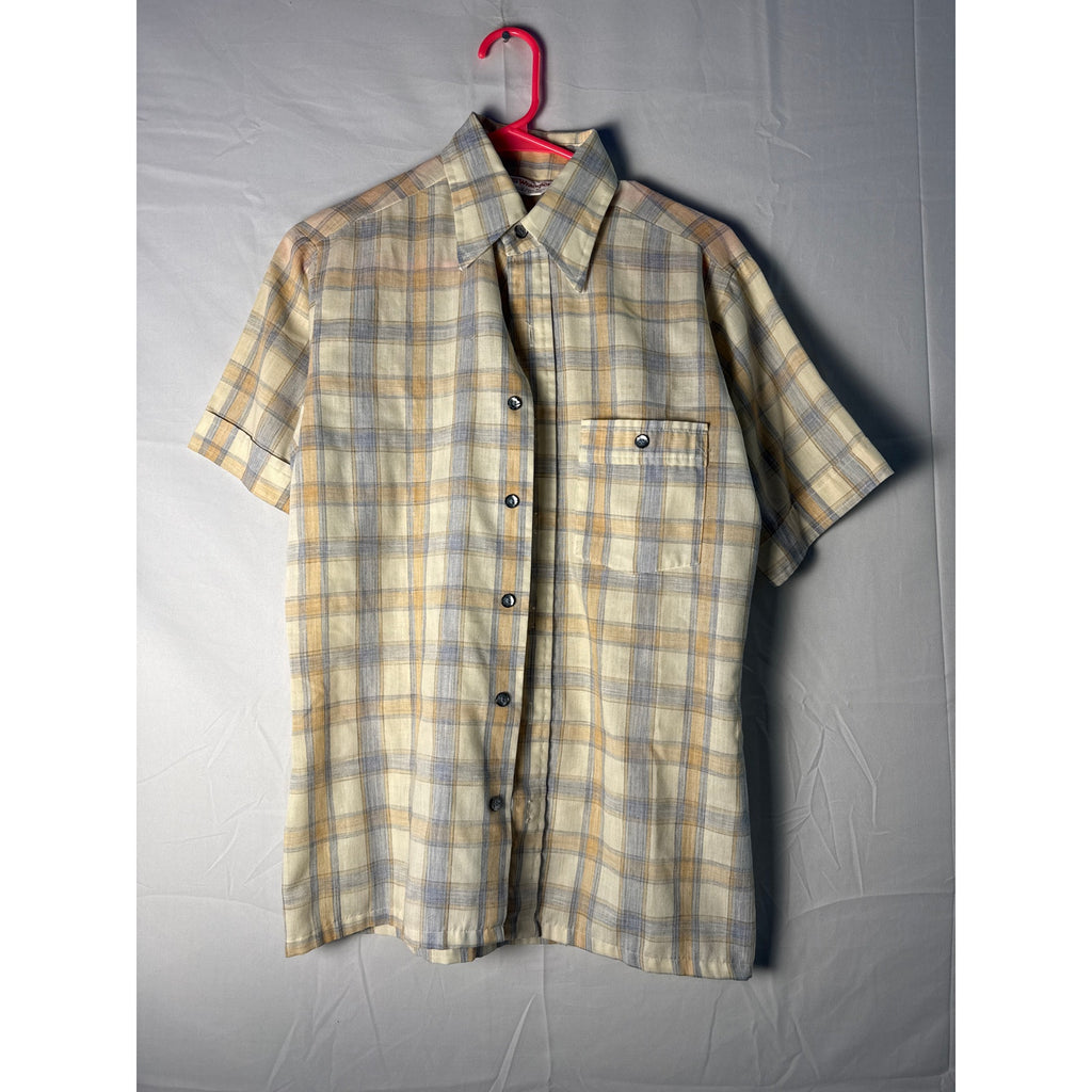 Vintage 70s-80s Wrangler Cream Blue Plaid Button Up Short Sleeve Shirt Men Small