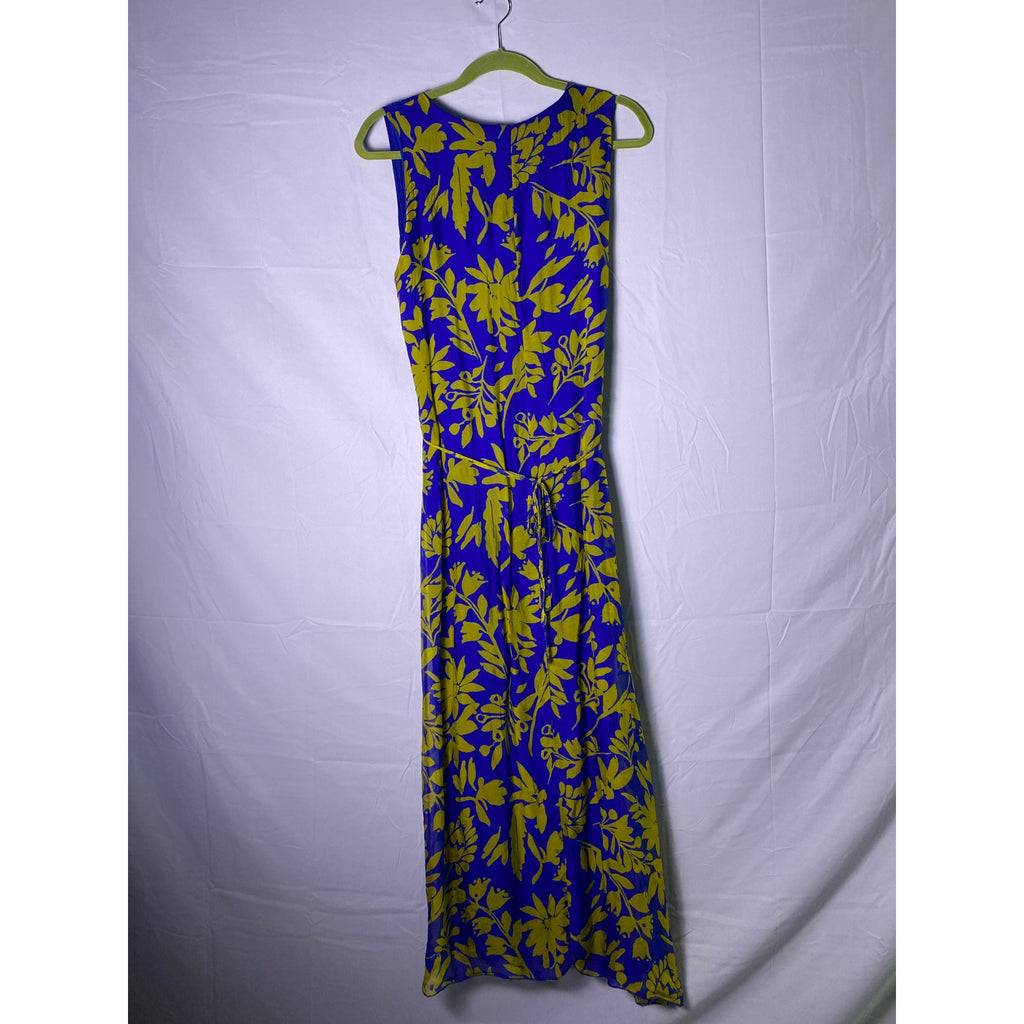 Rosemarine Blue Yellow Floral Silk Viscose Sleeveless Tie Waist Maxi Dress Large