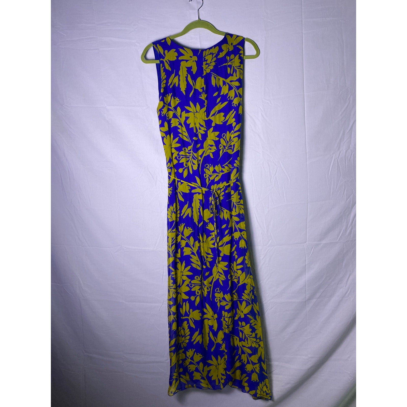 Rosemarine Blue Yellow Floral Silk Viscose Sleeveless Tie Waist Maxi Dress Large