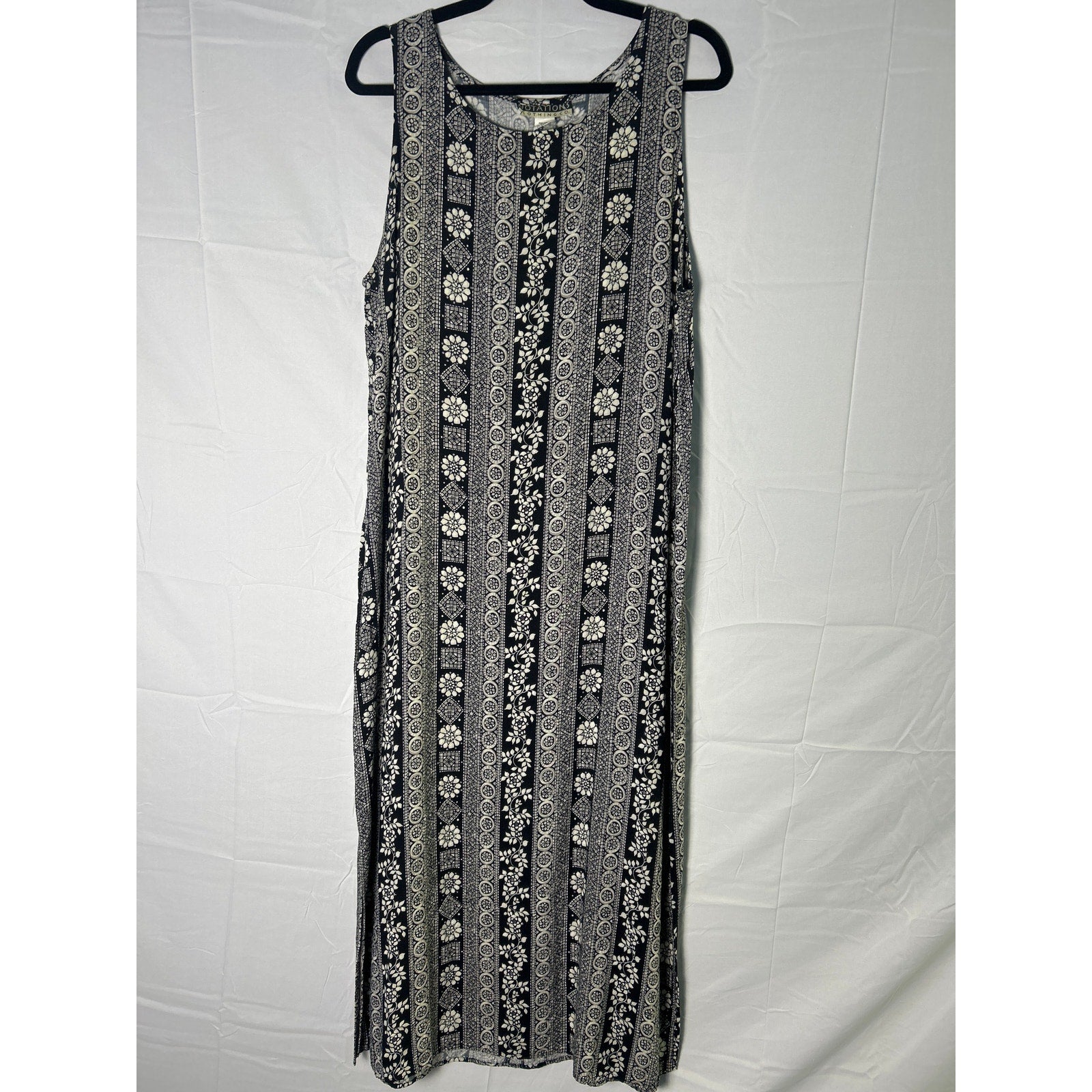 Vintage Black White Floral Geometric Maxi Dress Sleeveless Women's Size XL