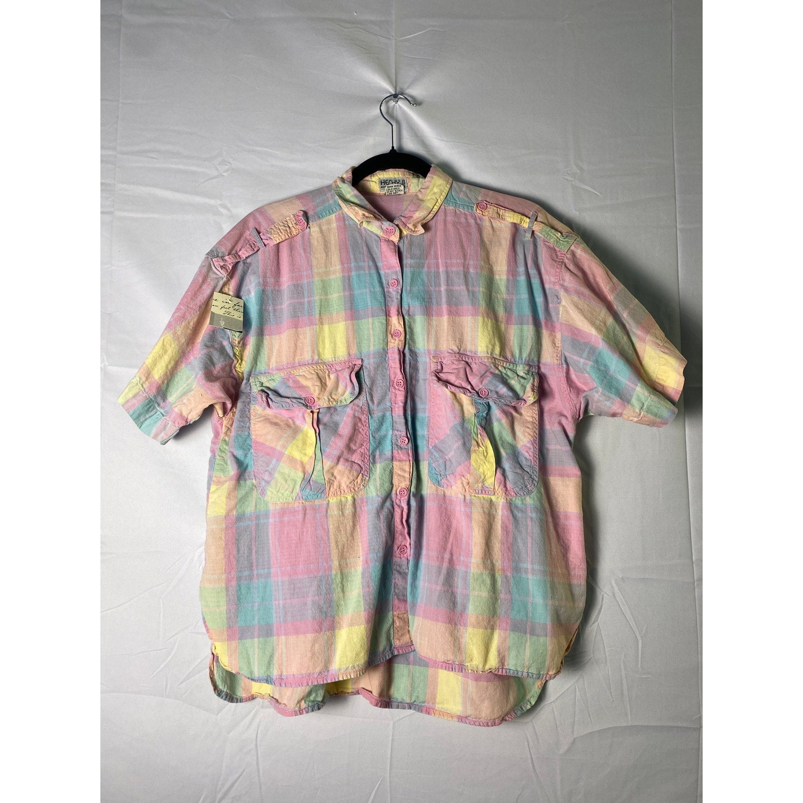Vintage 80s 90s Helhy II Pastel Plaid Short Sleeve Cotton Button Up Women 18W/38