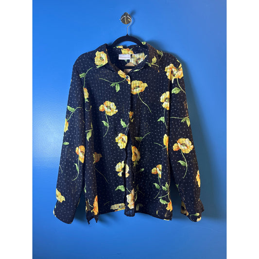 Alfred Dunner Black Yellow Floral Button Up Long Sleeve Shirt Women's Size 16