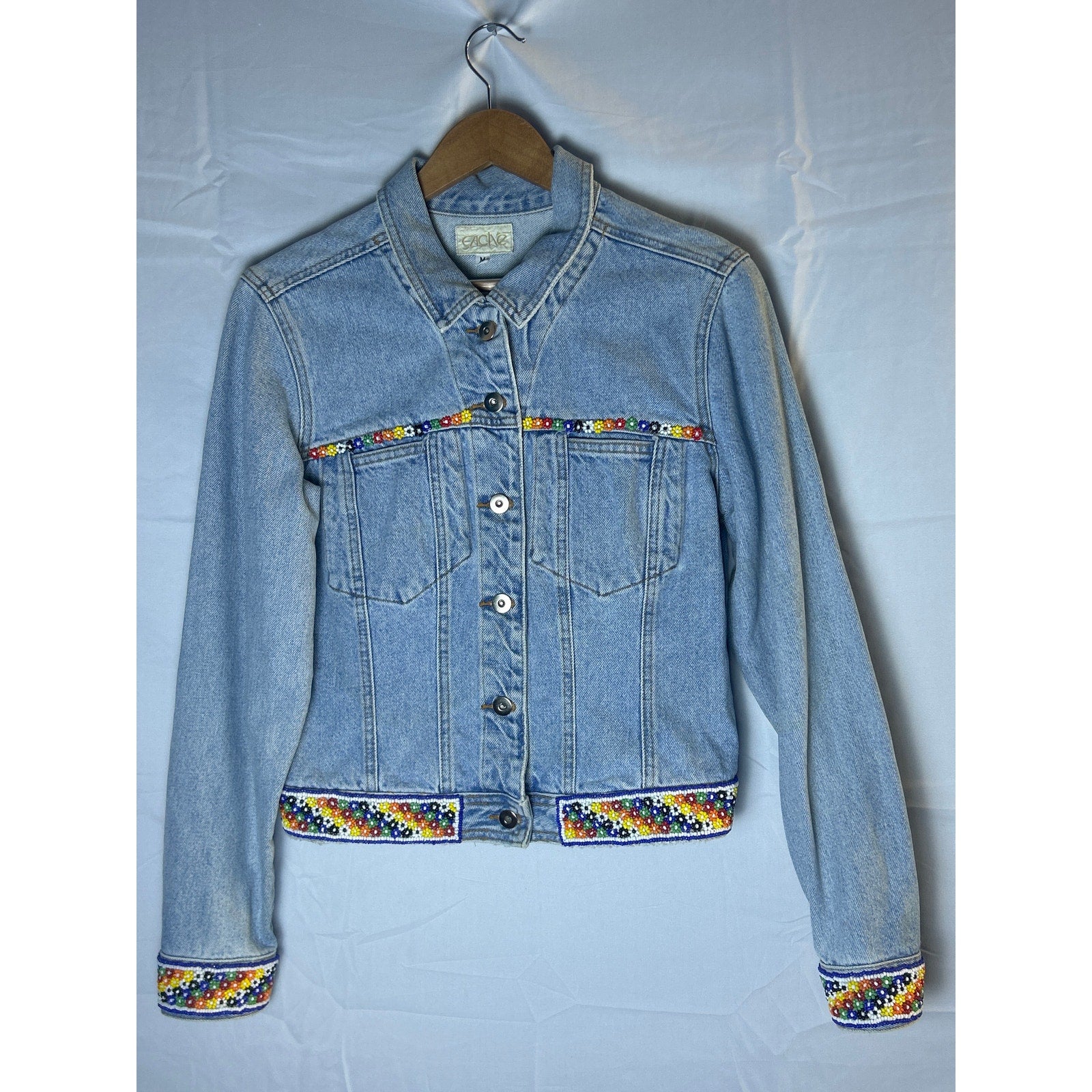 Cache Button Up Colorful Beaded Trim Denim Jean Jacket Women's Size Medium